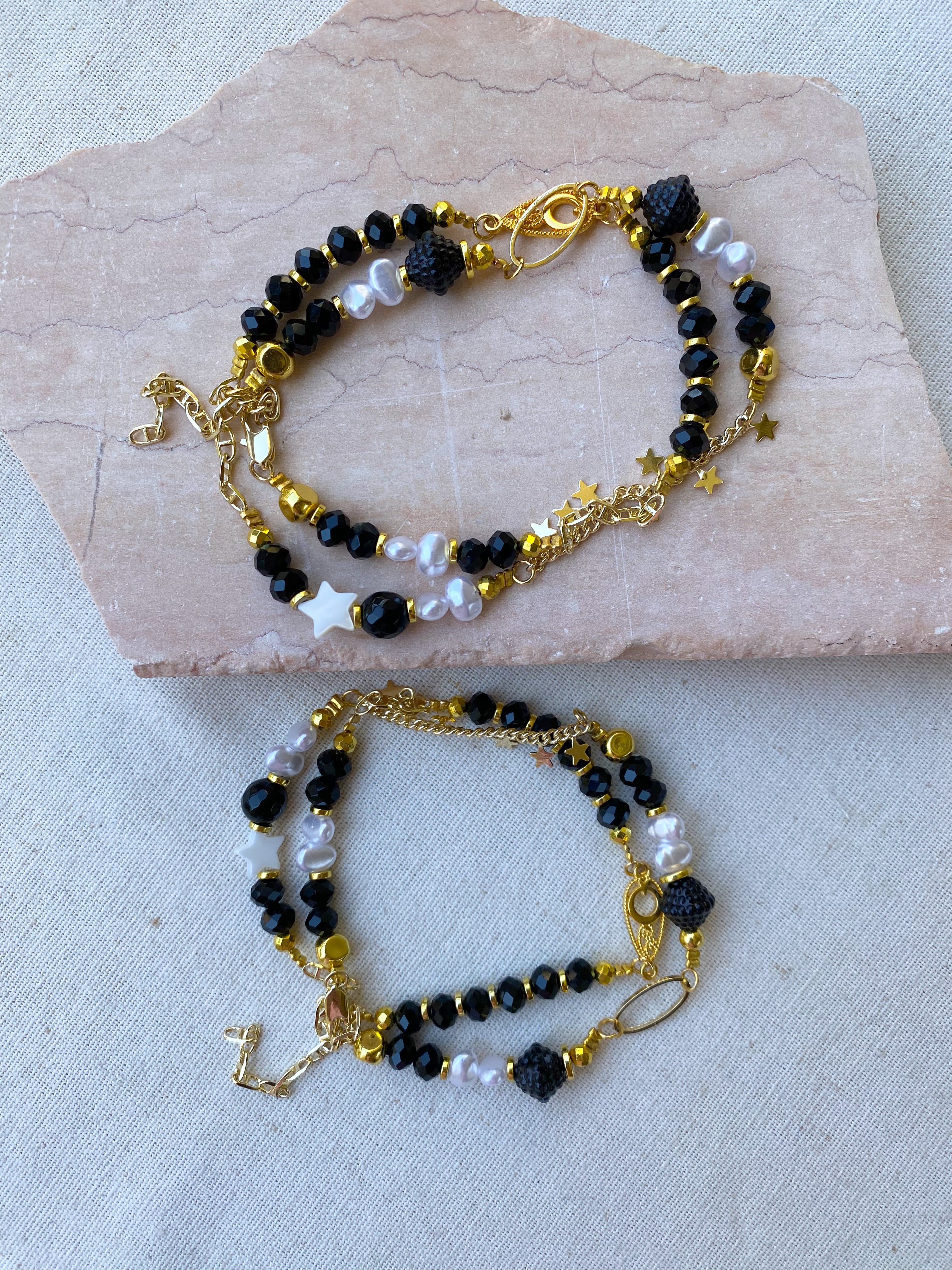 Black X Pearl Layered Bracelet