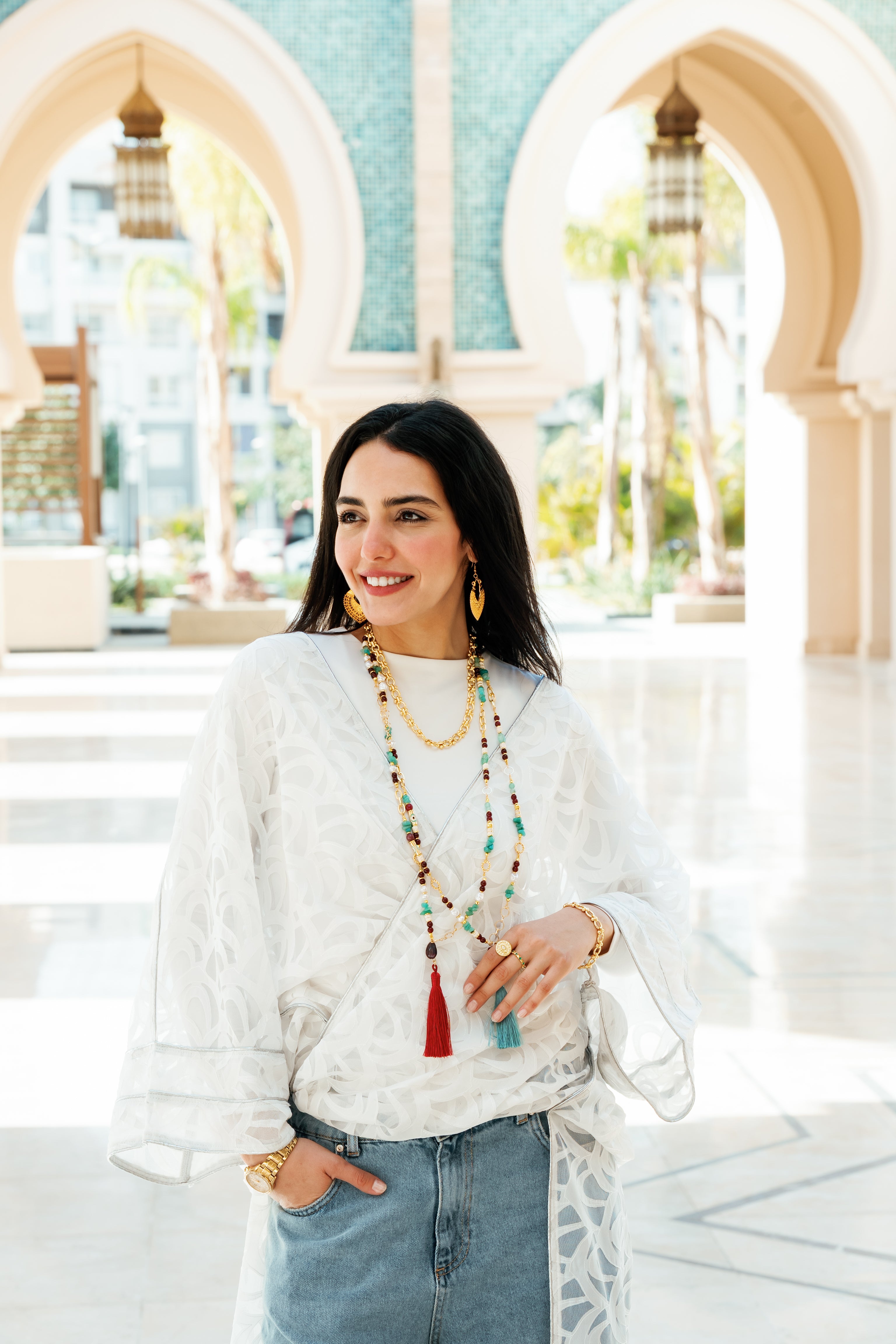 Burgundy X Mint Tassel Necklace